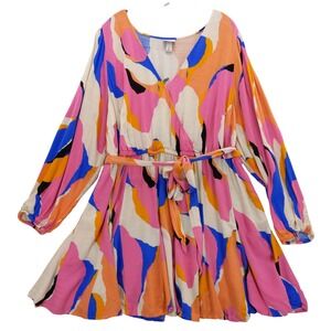 Ava & Viv 2X Dress Multicolor Abstract Print Long Sleeve Wrap Tie‎ Belt